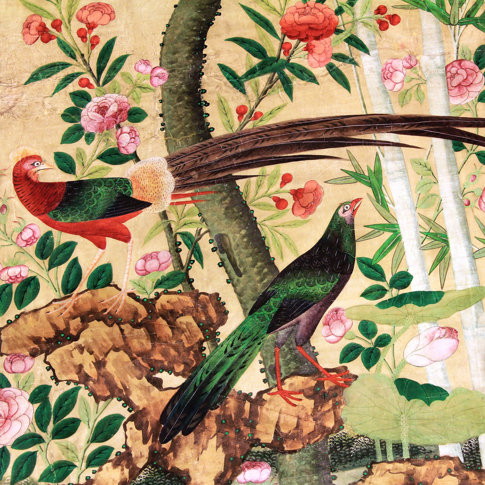 Compagnie des Indes: Toile Peinte aux oiseaux du XVIII siècle. Oiseaux dans la jungle